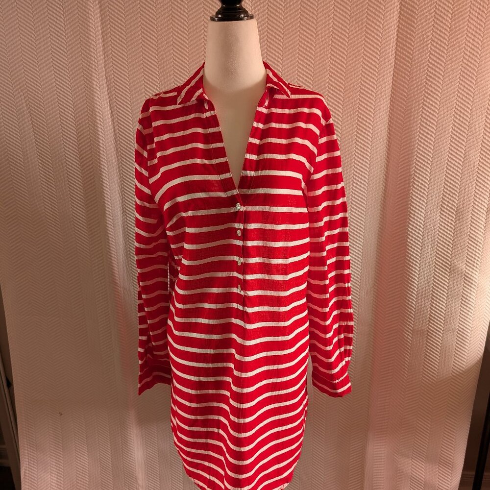 Old Navy Swim Shirt Red and White Stripes Cotton Cover-up Medium Coastal Resort
